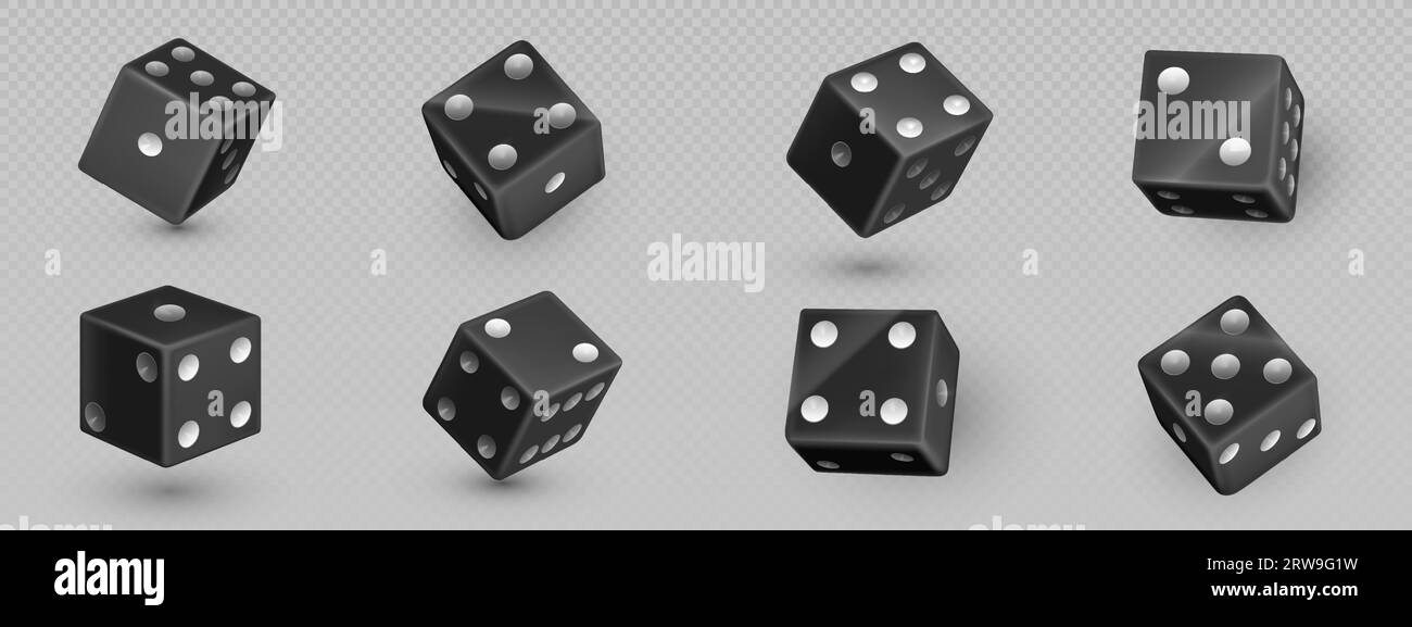 Schwarze Würfel – 3D-Vektor-Illustrationsset. Fallende und rollende realistische Würfel für Glücksspiel und Casino-Spielkonzept. Square Craps or die – Spielstein mit verschiedenen Mengen weißer Punkte auf jeder Seite. Stock Vektor