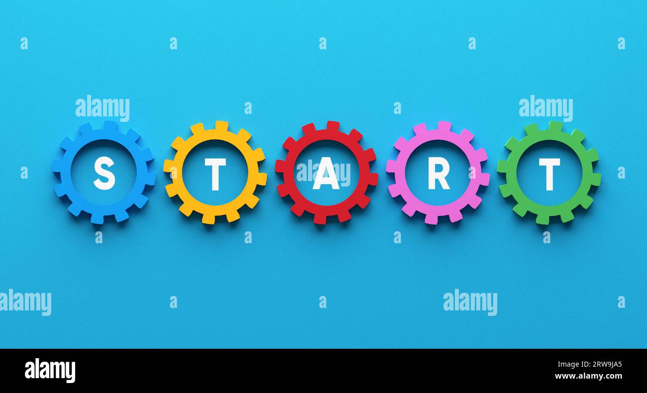 Um einen neuen Geschäfts- oder Produktionsprozess zu starten. Das Wort beginnt mit Zahnrädern auf blauem Hintergrund. Stockfoto