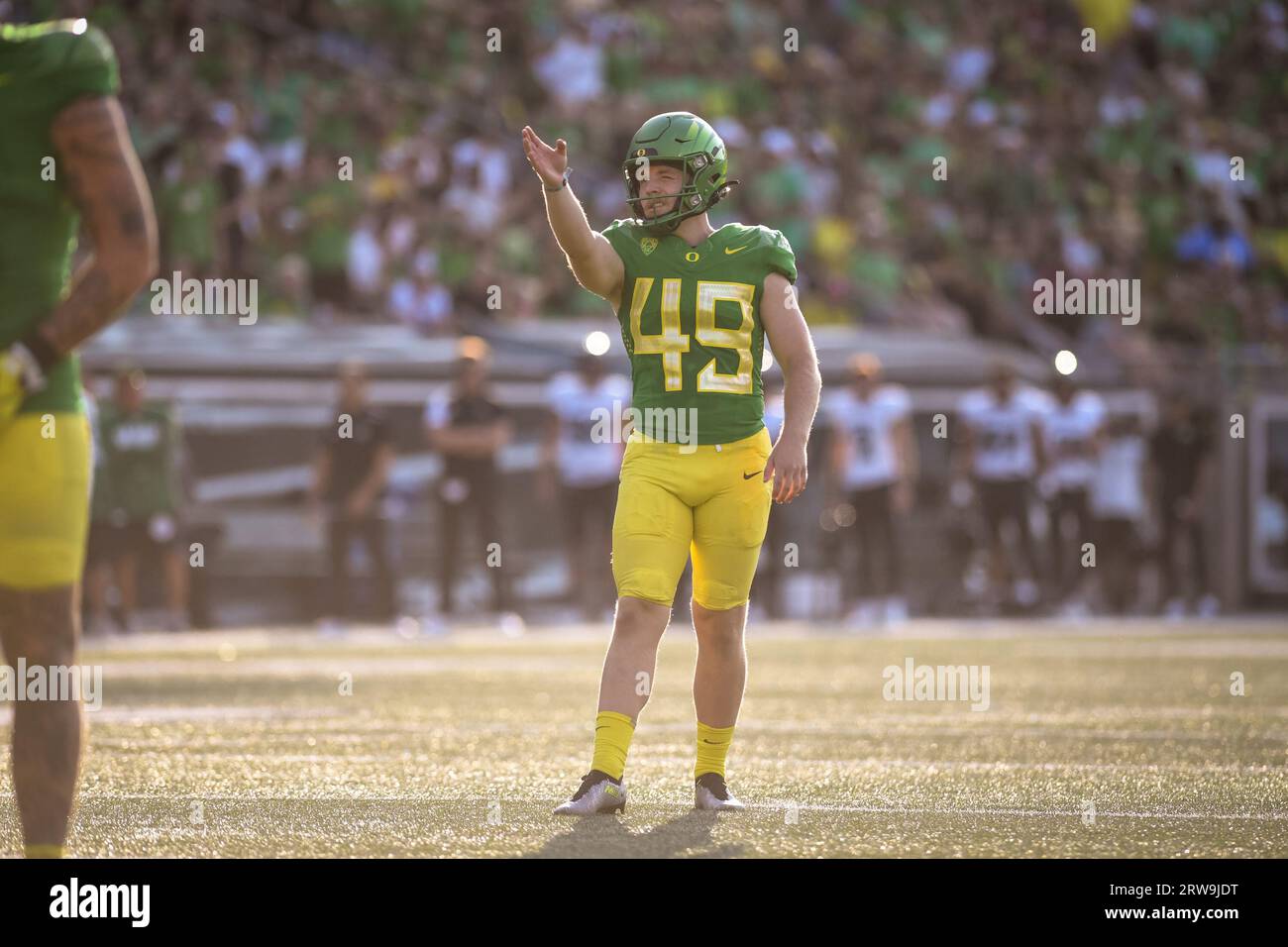 Der Oregon Ducks Place-Kicker Camden Lewis (49) bereitet im ersten Quartal eines NCAA-College-Fußballspiels gegen Hawaii Rainbow Warri einen Extrapunkt vor Stockfoto