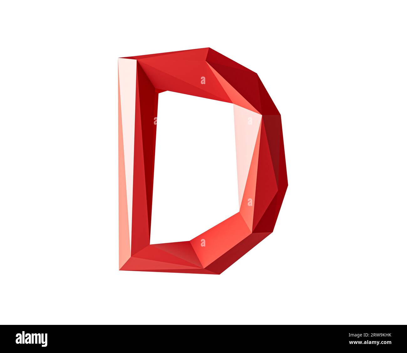 Buchstaben aus rotem Material mit niedrigem Poly-Wert. 3D-Illustration eines einfachen polygonalen Alphabets isoliert auf weißem Hintergrund Stockfoto