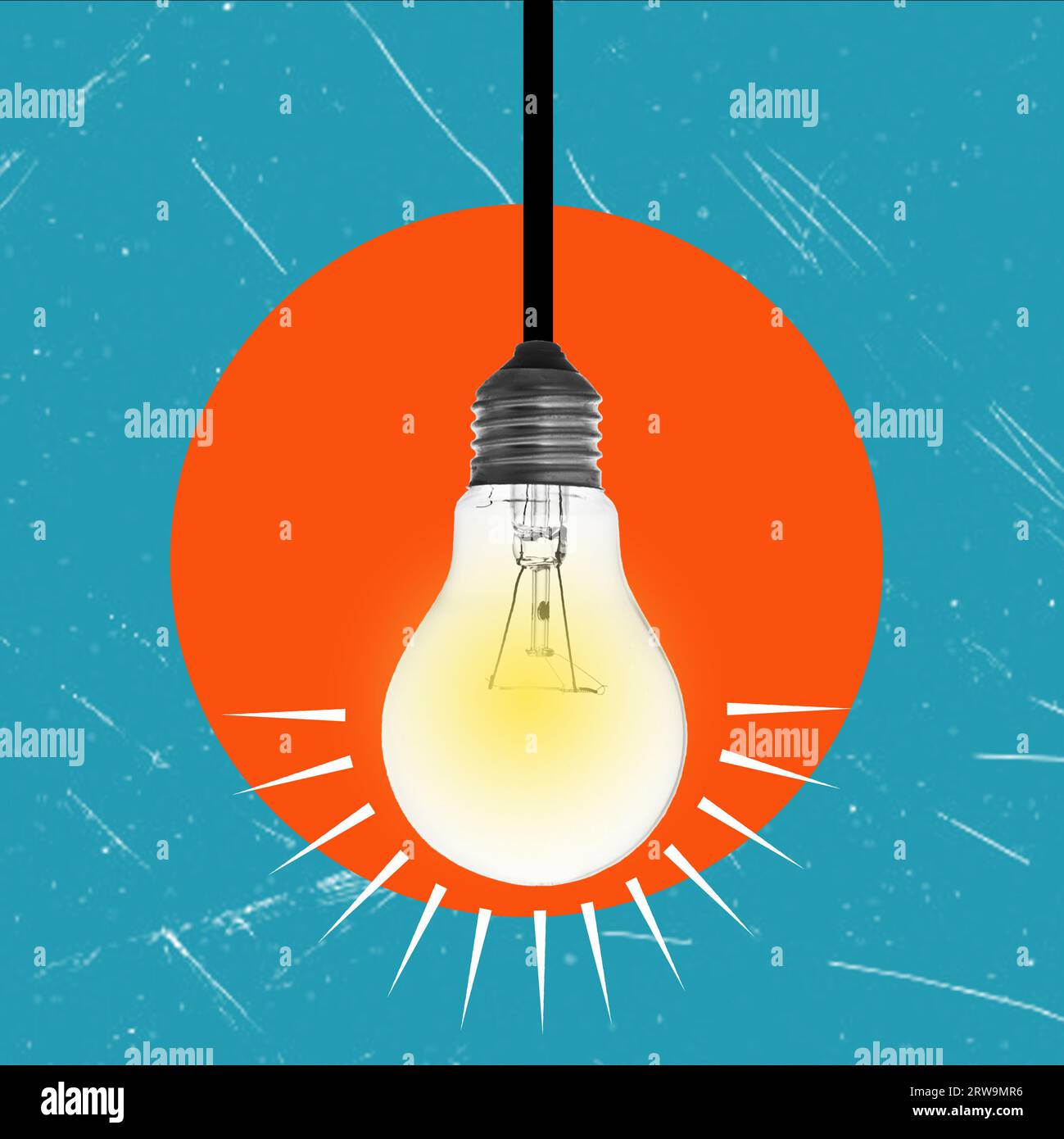 Artistic Collage beleuchtete Glühlampe in einem orangefarbenen Kreis auf blauem Hintergrund. Symbolisiert das Konzept der Inspiration. Stockfoto