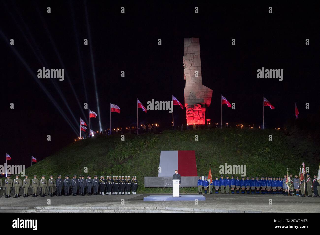Zum 84. Jahrestag des Beginns des Zweiten Weltkriegs Pomnik Obroncow Wybrzeza (Denkmal der Küstenverteidiger), um polnische Soldaten zu erinnern, die sich verteidigen Stockfoto