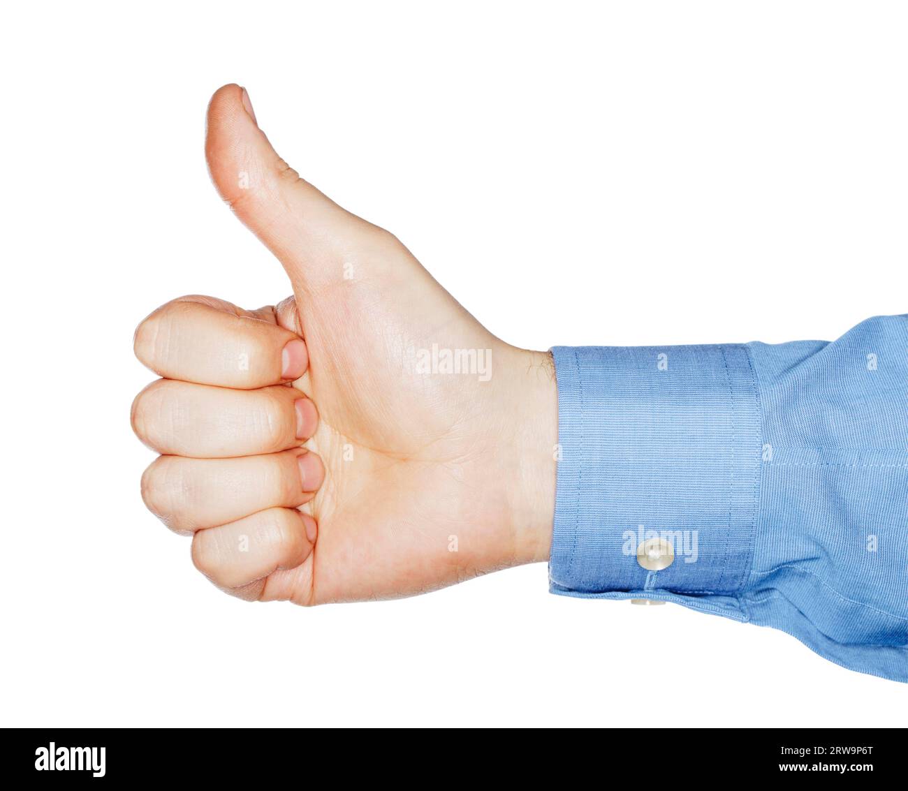 Hand mit Daumen-nach-oben-Geste, fotografiert mit Ringblitz Stockfoto