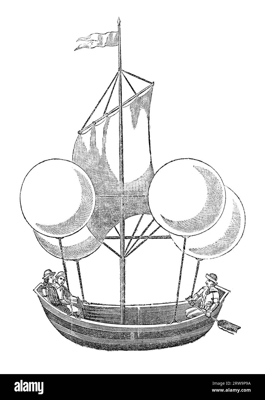 Die Erfindung des Luftballons im 17. Jahrhundert. Gravur eines unbekannten Künstlers aus dem Magazin Mechanics 1825 Stockfoto