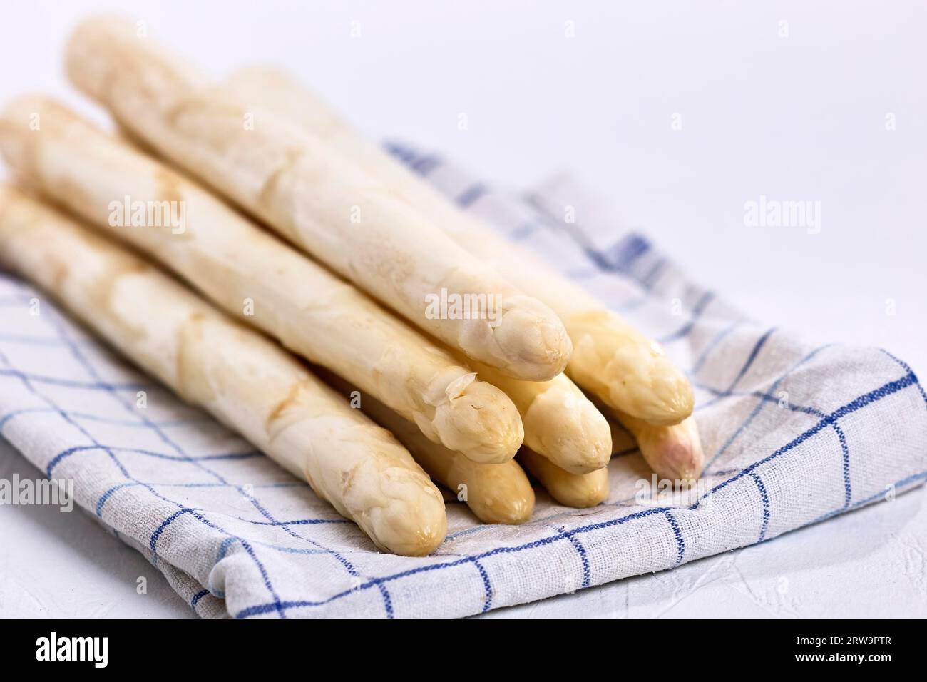 Ein Haufen weißer Spargel liegt auf einem weiß-blau karierten Küchentuch vor einem weißen Hintergrund Stockfoto