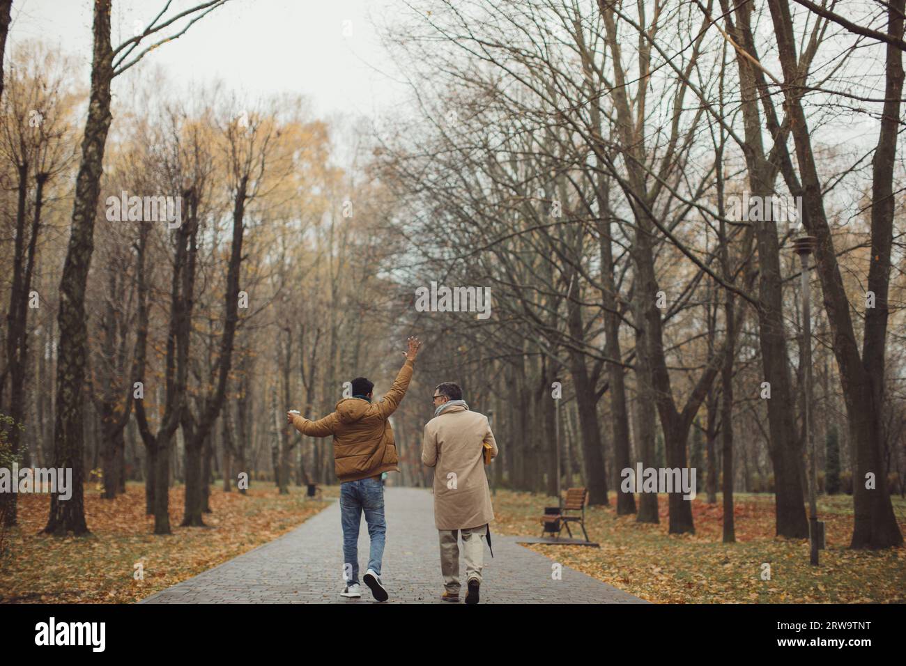 Freunde, ein älterer und ein junger Mann, der gemeinsam im Herbstpark spazieren geht, redet und Kaffee trinkt. Stockfoto