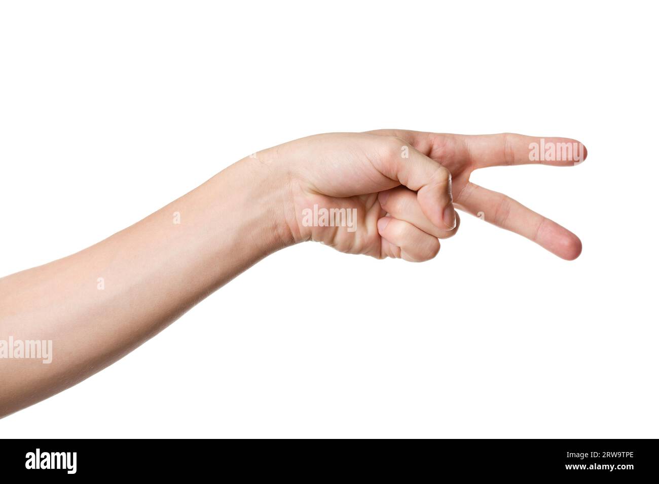 Handgeste mit zwei Fingern isoliert auf weißem Hintergrund Stockfoto