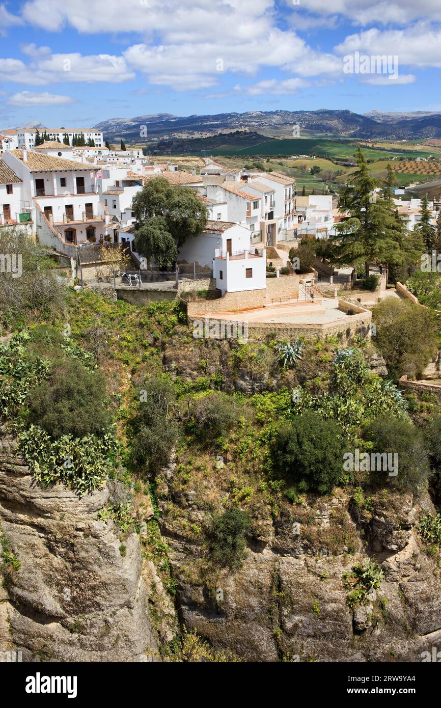 Weiße Häuser auf einem hohen Felsen in Ronda, Südspanien, Andalusien Stockfoto