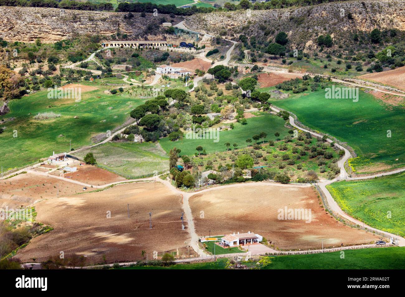 Malerische Andalusien Landschaft, Wiesen, Feldern, Olivenhainen und Hügeln im Süden Spaniens Stockfoto
