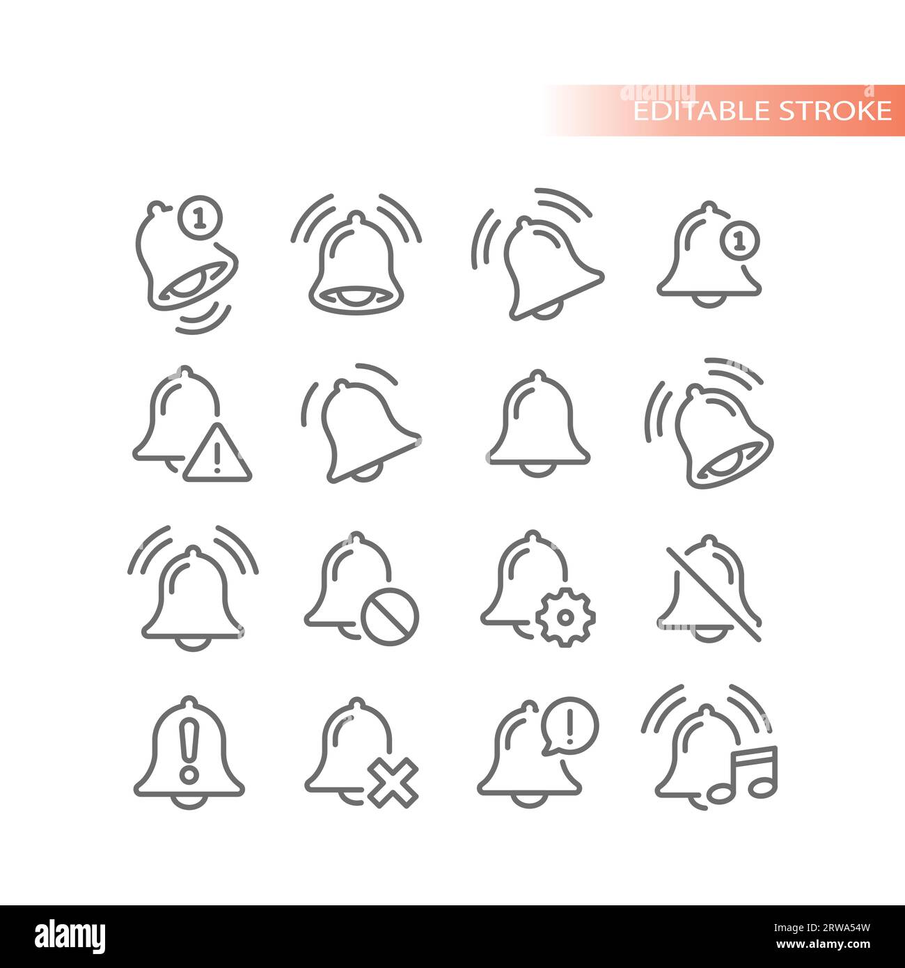 Klingel mit Musiknotiz, Benachrichtigung und Ausrufezeichen. Glöckchen und Warnungen, Fehlermeldungen umreißen Vektorsymbole. Stock Vektor