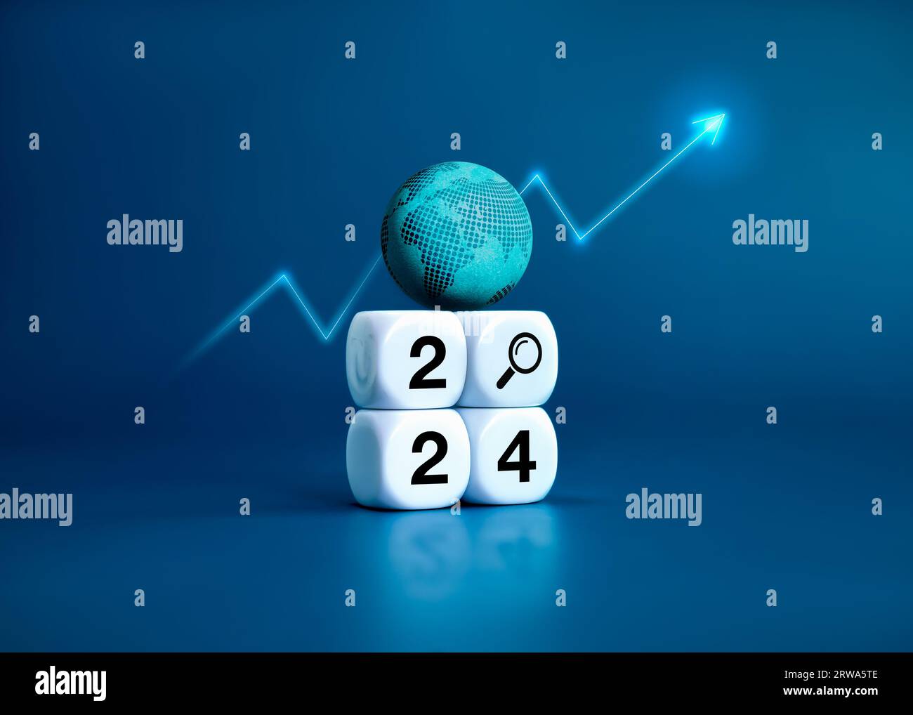 Globales Trendkonzept für das neue Jahr 2024. 3D-Erdkugel mit digitaler Weltkarte auf weißem Blockstapel mit 2024-Jahreszahlen mit Suchsymbol und ri Stockfoto