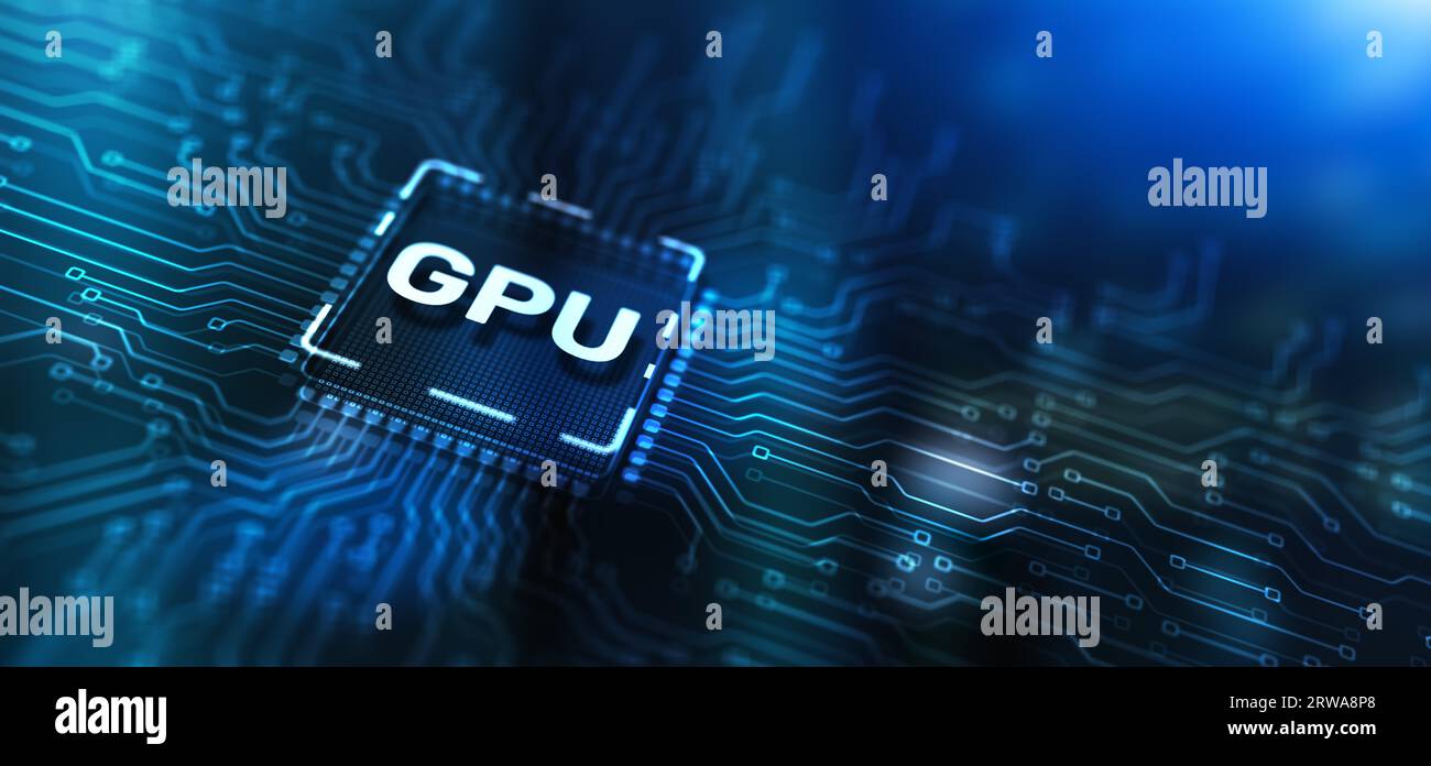 GPU Grafikprozessor Hardware-Technologie. Processing Electronic Technology Concept im Hintergrund des Server-Racks. Stockfoto