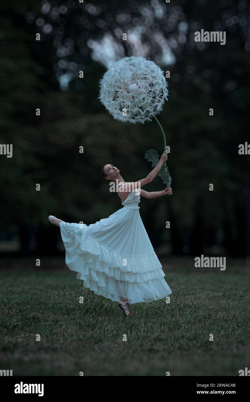 Wunderschöne Ballerina mit riesigen Löwenzahn-Blüten Stockfoto