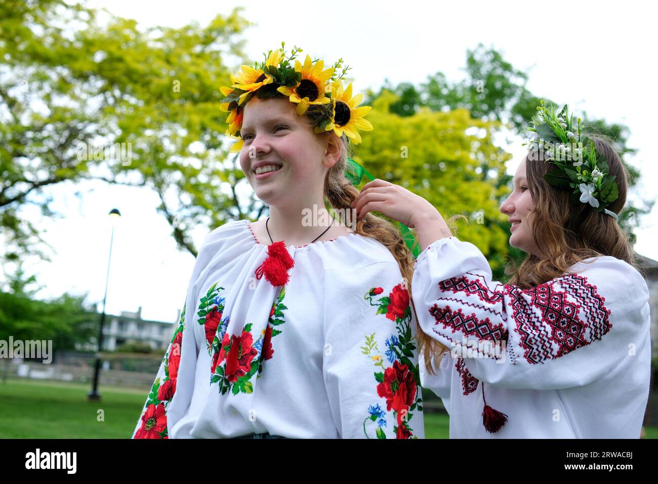 Kommunikation von zwei jungen schönen Mädchen in ukrainischen nationalen Kleidern, die geflochten geflochten sind, mit Kränzen in den Händen, die einen schönen Kranz auf den Kopf legen Sonnenblumen Waldblumen. Stickerei Stockfoto