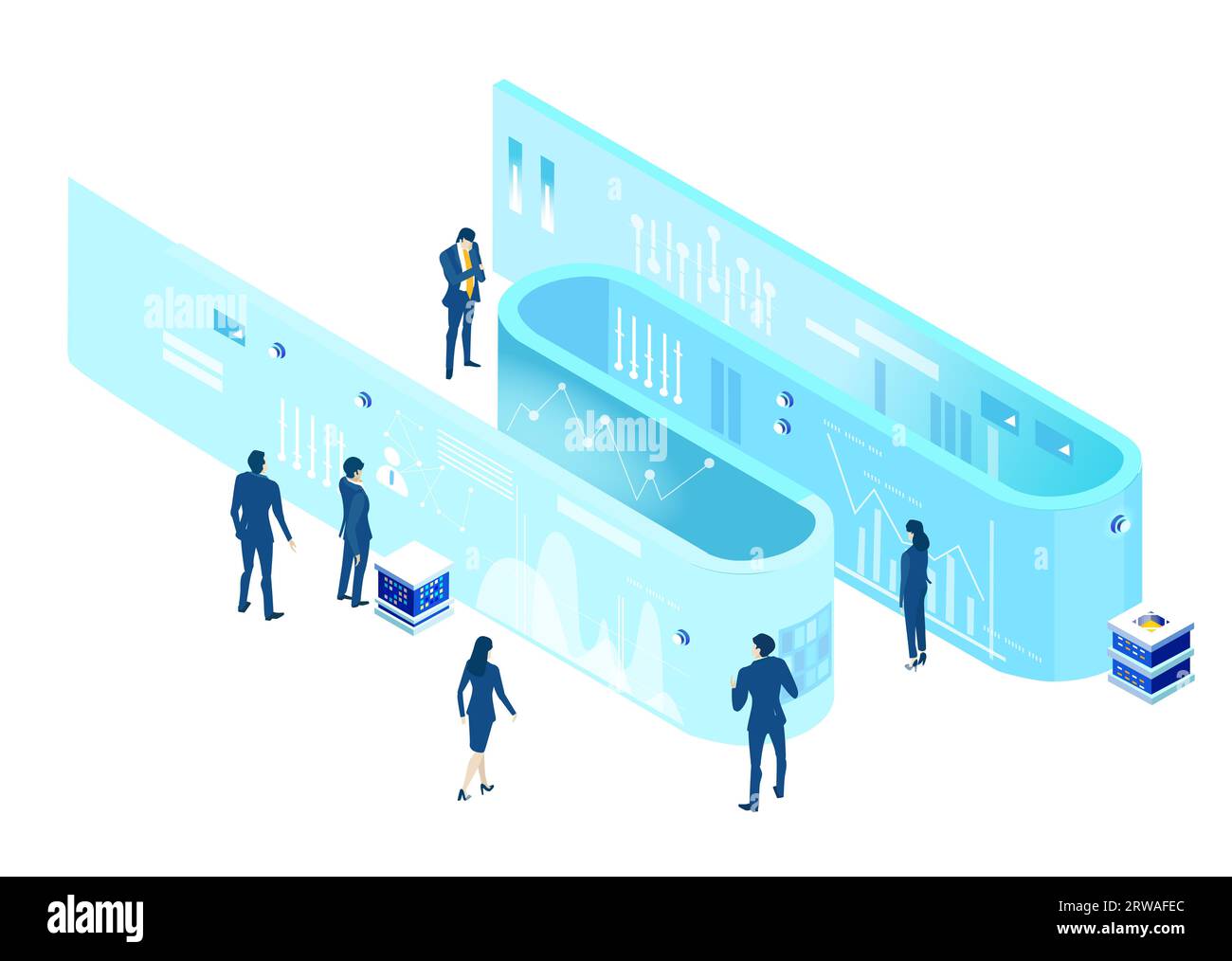 Isometrische Geschäftsumgebung. Serverraum, Geschäftsleute arbeiten zusammen, generieren neue Inhalte und teilen Ideen Stockfoto