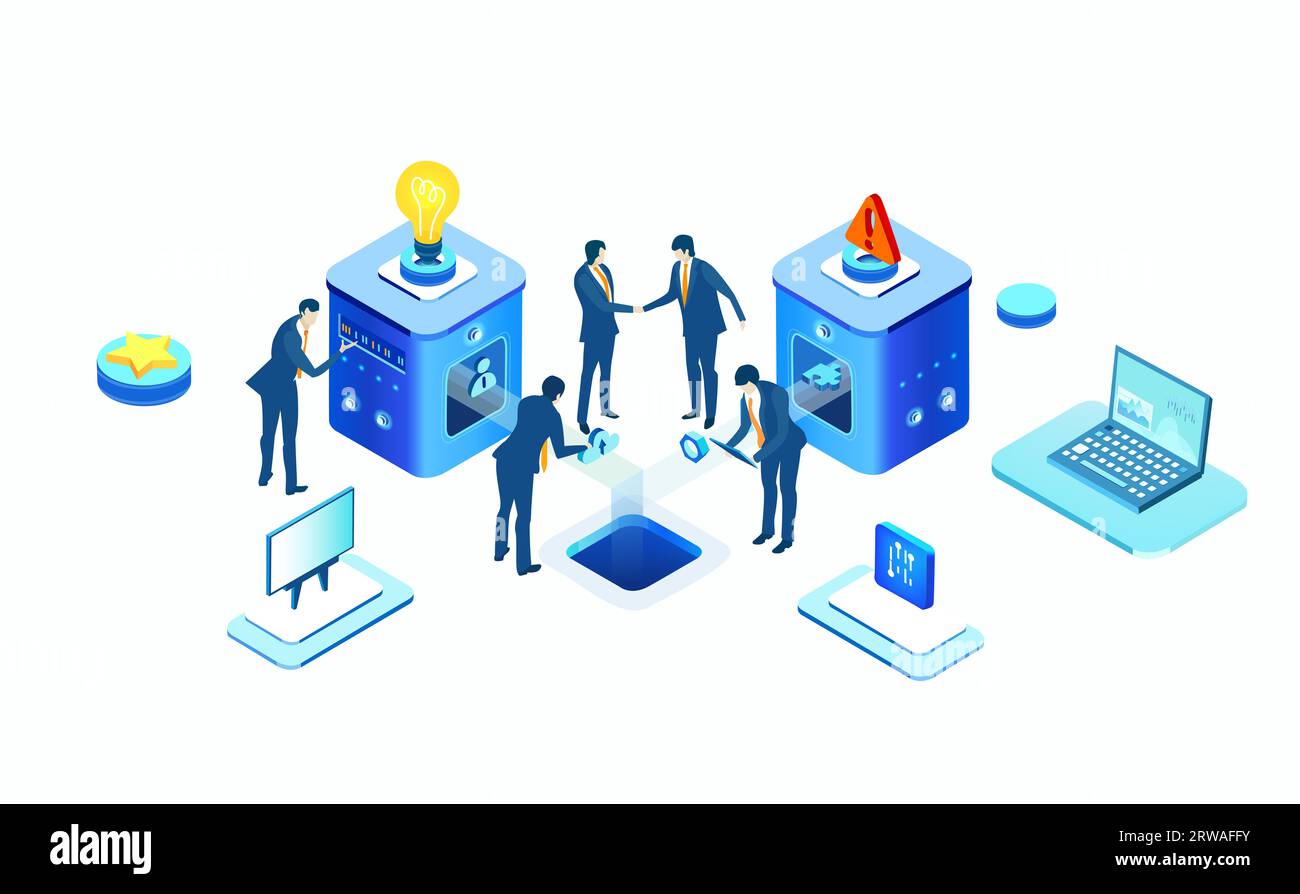 Isometrische Geschäftsumgebung. Serverraum, Geschäftsleute arbeiten zusammen, generieren neue Inhalte und teilen Ideen Stockfoto