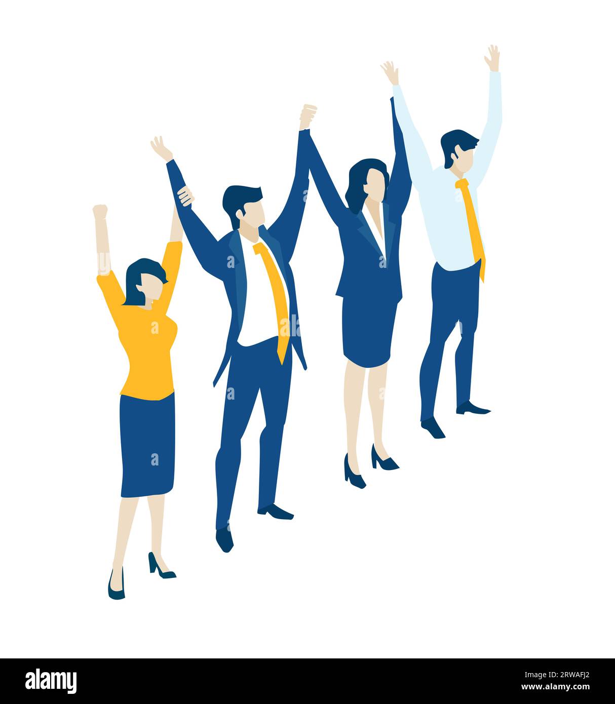 Business-Team mit erhobenen Händen, um den Erfolg zu feiern, isometrische Illustration Stockfoto