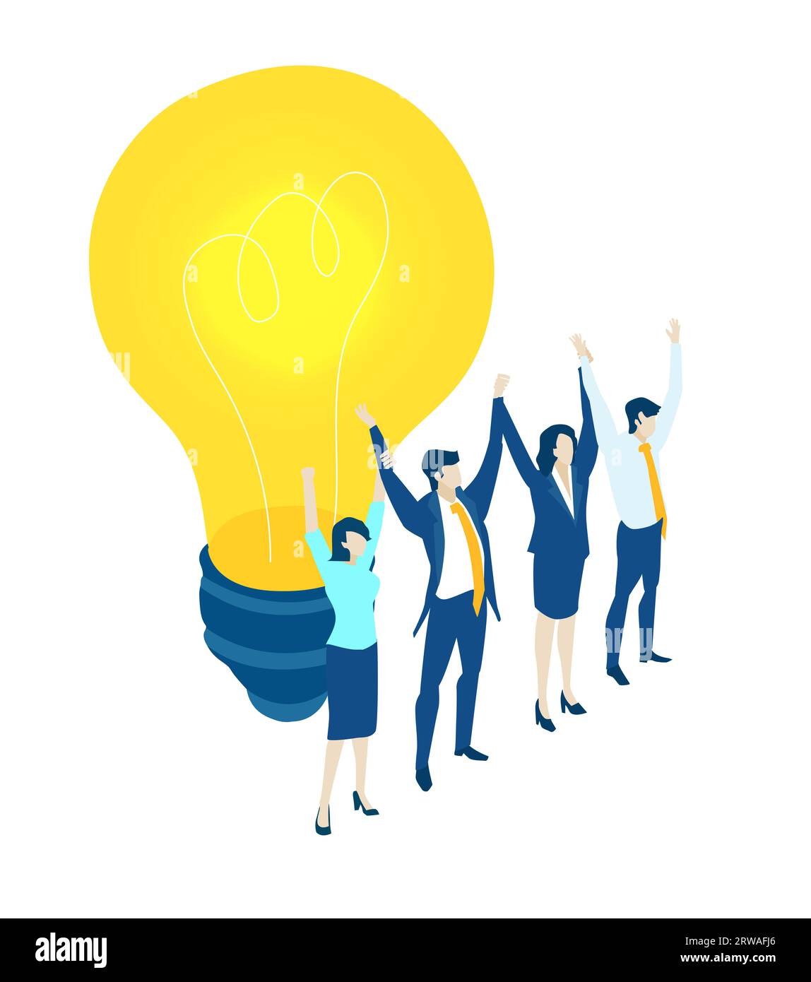 Business-Team mit erhobenen Händen, um den Erfolg zu feiern, isometrische Illustration Stockfoto
