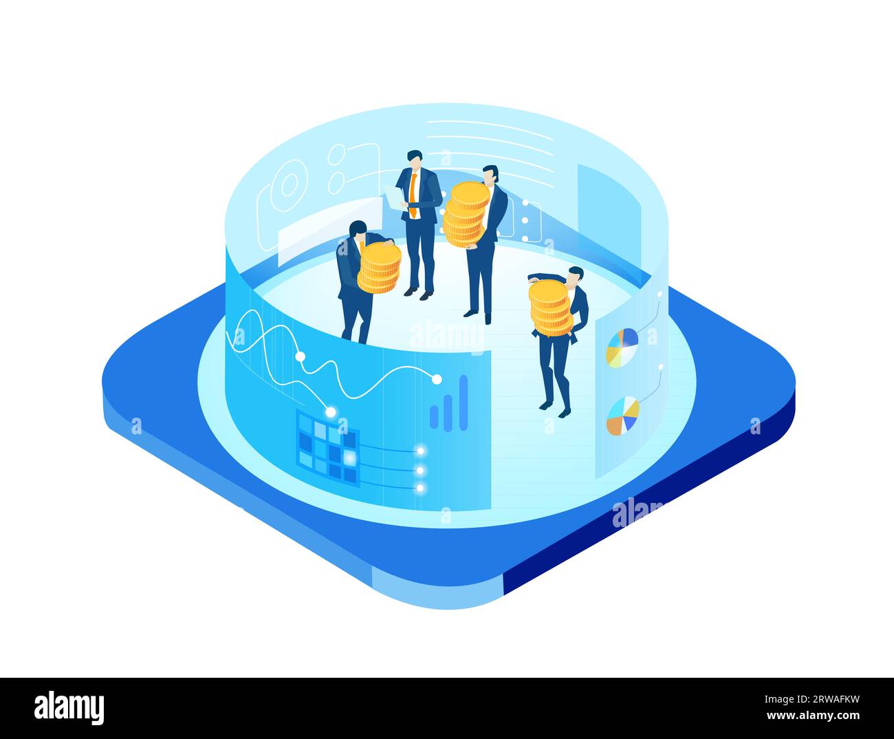 Isometrische Geschäftsumgebung. Serverraum, Geschäftsleute arbeiten zusammen, generieren neue Inhalte und teilen Ideen Stockfoto