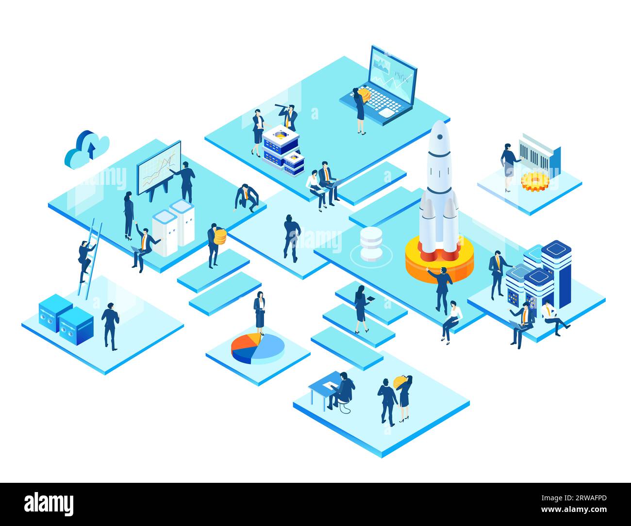 Isometrische Geschäftsumgebung. Serverraum, Geschäftsleute arbeiten zusammen, generieren neue Inhalte und teilen Ideen Stockfoto