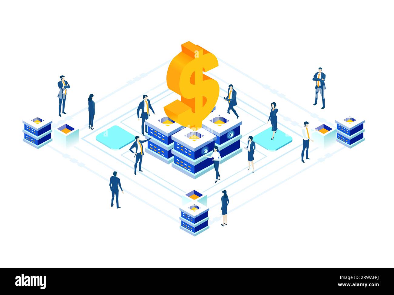 Isometrische Geschäftsumgebung. Serverraum, Geschäftsleute arbeiten zusammen, generieren neue Inhalte und teilen Ideen Stockfoto