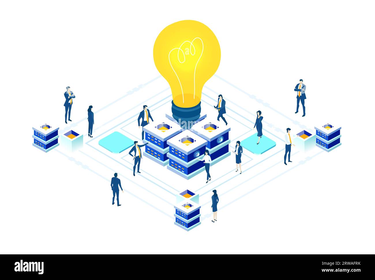 Isometrische Geschäftsumgebung. Serverraum, Geschäftsleute arbeiten zusammen, generieren neue Inhalte und teilen Ideen Stockfoto