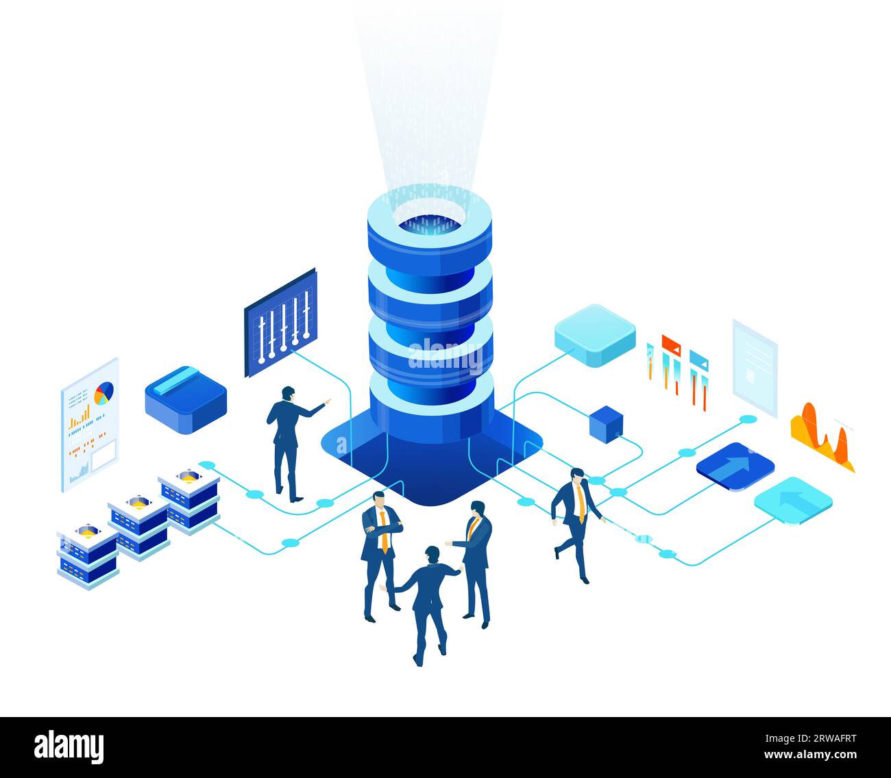 Isometrische Geschäftsumgebung. Serverraum, Geschäftsleute arbeiten zusammen, generieren neue Inhalte und teilen Ideen Stockfoto