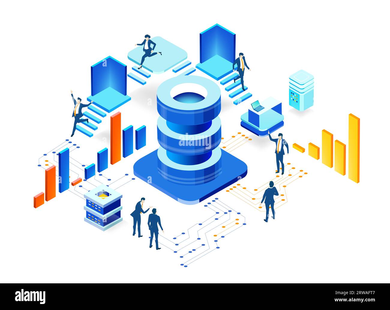 Isometrische Geschäftsumgebung. Serverraum, Geschäftsleute arbeiten zusammen, generieren neue Inhalte und teilen Ideen Stockfoto