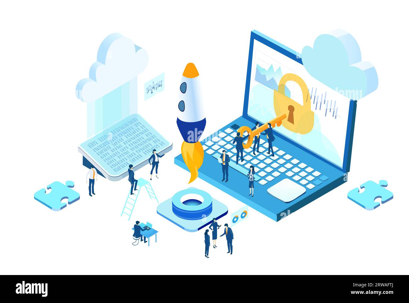 Infografik zur isometrischen Umgebung. Geschäftsleute arbeiten neben Raketen zusammen. Rakete ist startbereit, Raumfahrttechnologie, Startkonzept Stockfoto