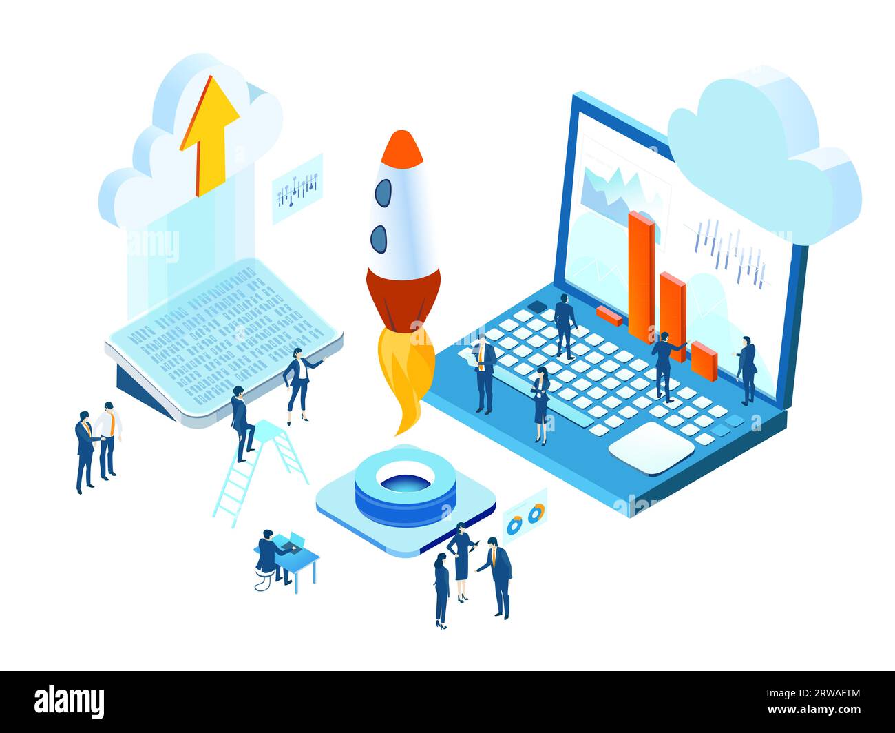 Infografik zur isometrischen Umgebung. Geschäftsleute arbeiten neben Raketen zusammen. Rakete ist startbereit, Raumfahrttechnologie, Startkonzept Stockfoto