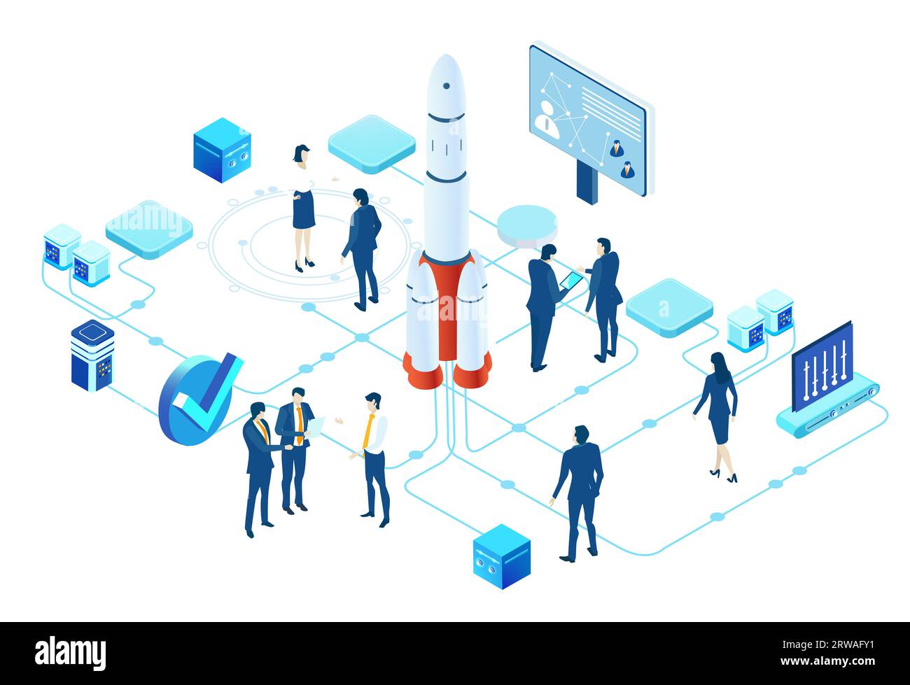 Infografik zur isometrischen Umgebung. Geschäftsleute arbeiten neben Raketen zusammen. Rakete ist startbereit, Raumfahrttechnologie, Startkonzept Stockfoto