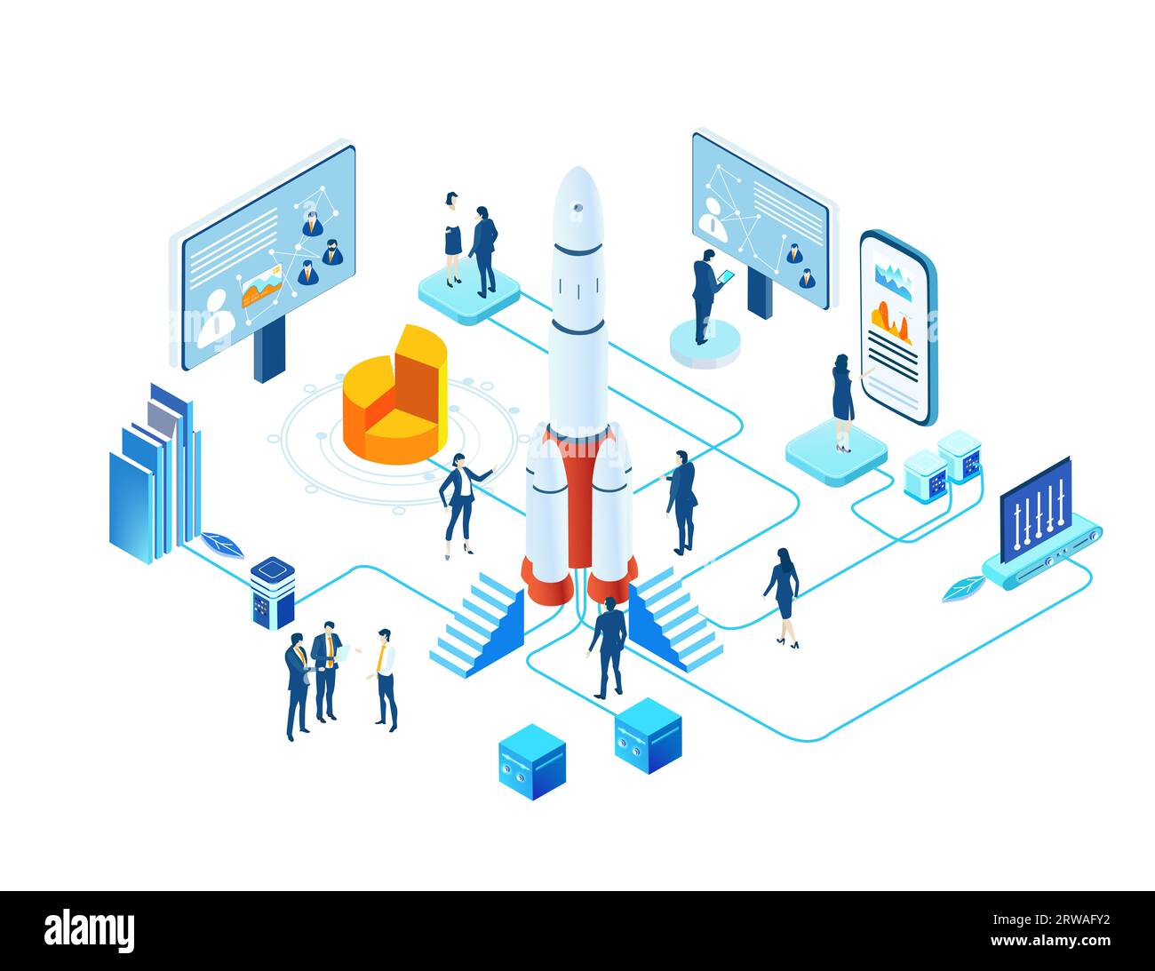 Infografik zur isometrischen Umgebung. Geschäftsleute arbeiten neben Raketen zusammen. Rakete ist startbereit, Raumfahrttechnologie, Startkonzept Stockfoto