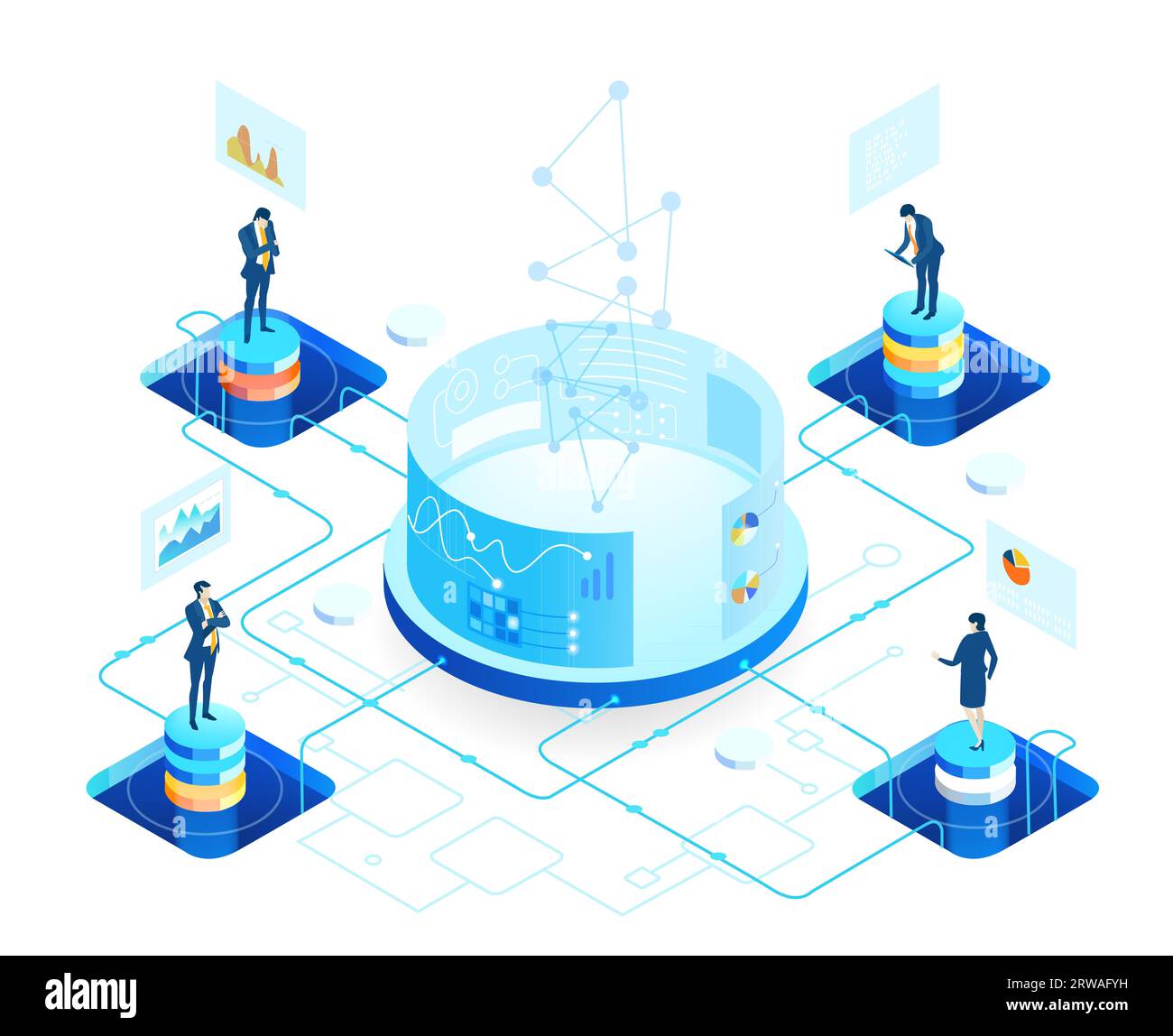 Isometrische Geschäftsumgebung. Serverraum, Geschäftsleute arbeiten zusammen, generieren neue Inhalte und teilen Ideen Stockfoto