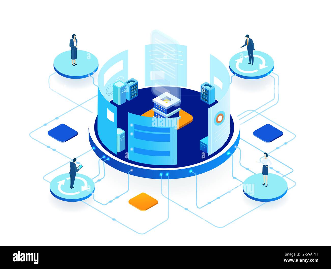 Isometrische Geschäftsumgebung. Serverraum, Geschäftsleute arbeiten zusammen, generieren neue Inhalte und teilen Ideen Stockfoto
