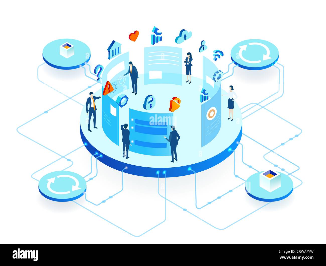 Isometrische Geschäftsumgebung. Serverraum, Geschäftsleute arbeiten zusammen, generieren neue Inhalte und teilen Ideen Stockfoto