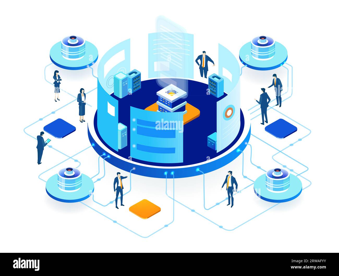 Isometrische Geschäftsumgebung. Serverraum, Geschäftsleute arbeiten zusammen, generieren neue Inhalte und teilen Ideen Stockfoto