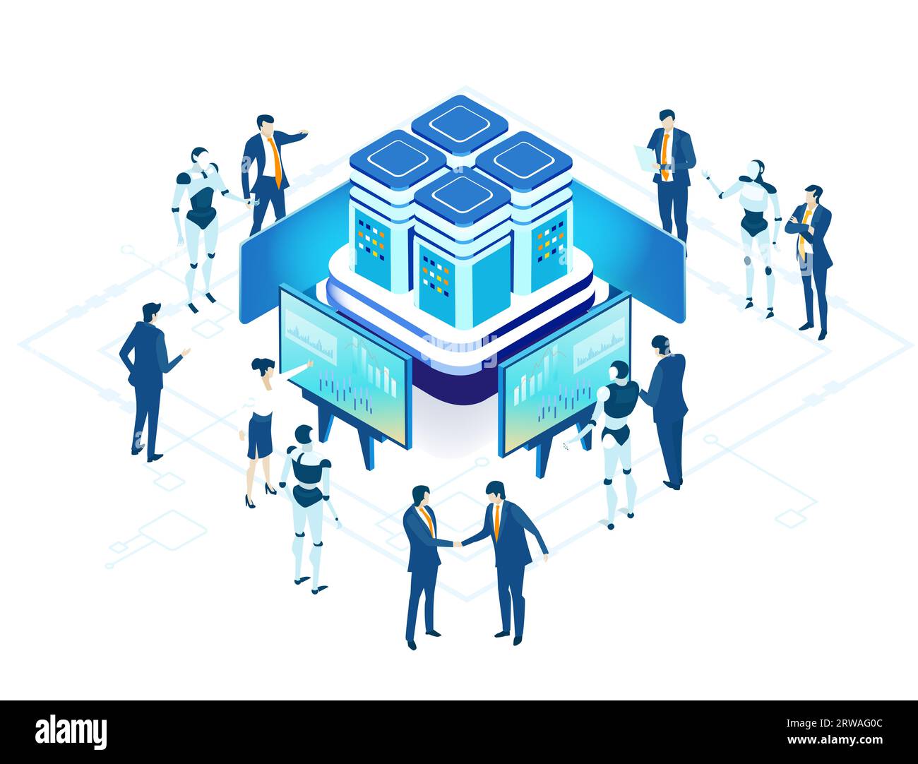 Isometrische Geschäftsumgebung. Serverraum, Geschäftsleute arbeiten zusammen, generieren neue Inhalte und teilen Ideen Stockfoto