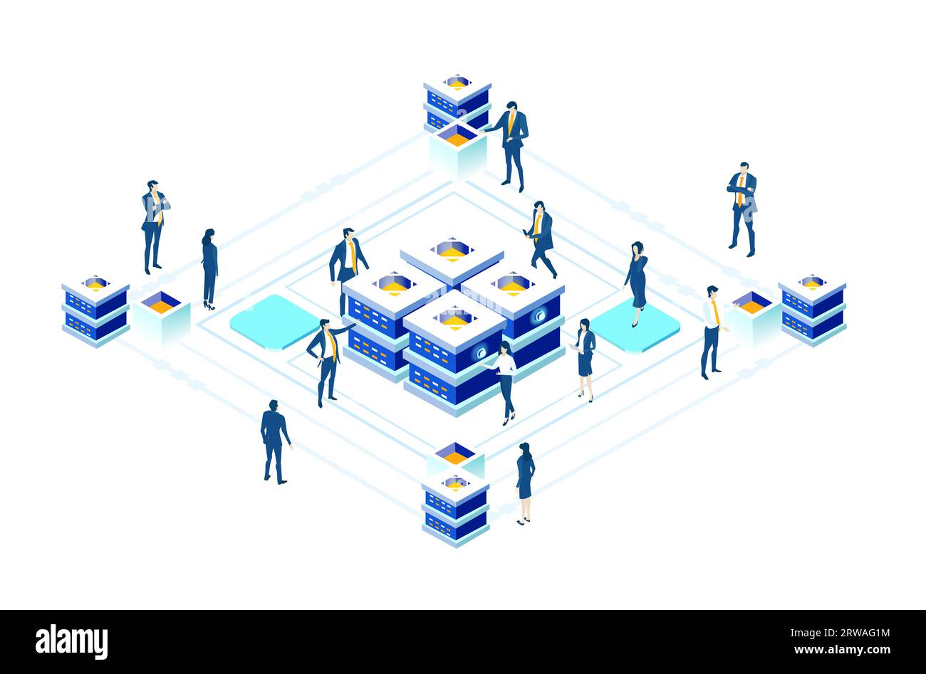 Isometrische Geschäftsumgebung. Serverraum, Geschäftsleute arbeiten zusammen, generieren neue Inhalte und teilen Ideen Stockfoto
