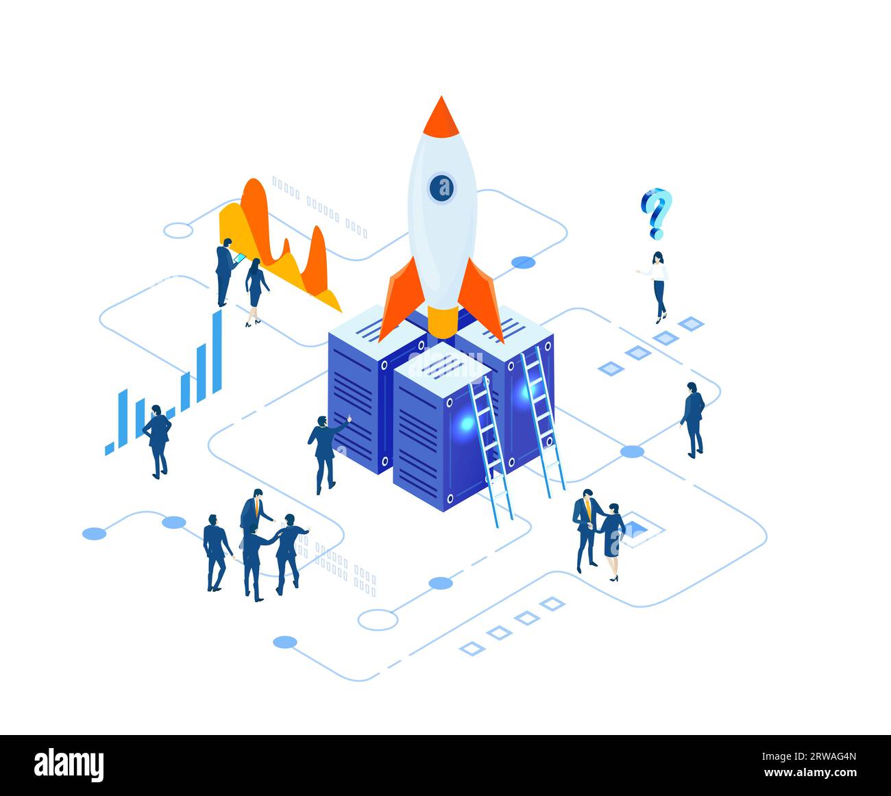 Infografik zur isometrischen Umgebung. Geschäftsleute arbeiten neben Raketen zusammen. Rakete ist startbereit, Raumfahrttechnologie, Startkonzept Stockfoto