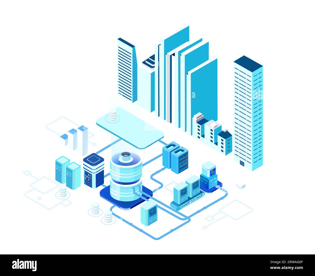 Isometrische Geschäftsumgebung. Serverraum, Geschäftsleute arbeiten zusammen, generieren neue Inhalte und teilen Ideen Stockfoto