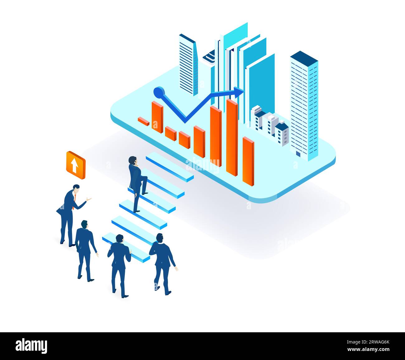 Immobilienmarkt. Geschäftsleute, Architekten, Investoren sprechen über Stadtmodell, Architekturprojekt. Isometrische Darstellung der Eigenschaftsstrategie Stockfoto