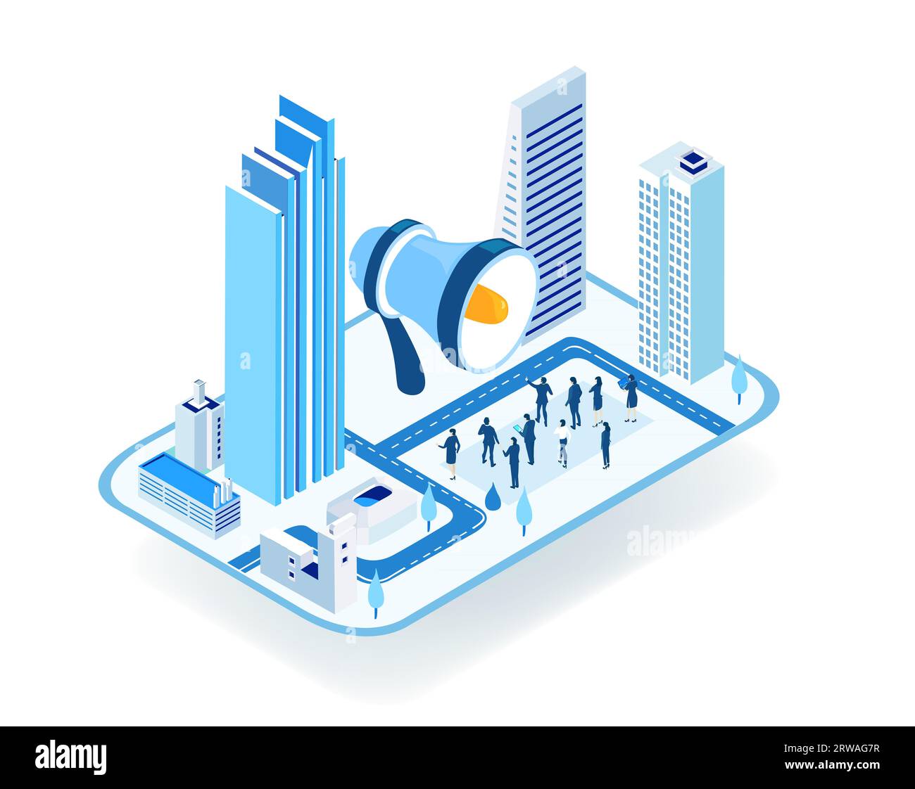 Immobilienmarkt. Geschäftsleute, Architekten, Investoren sprechen über Stadtmodell, Architekturprojekt. Isometrische Darstellung der Eigenschaftsstrategie Stockfoto