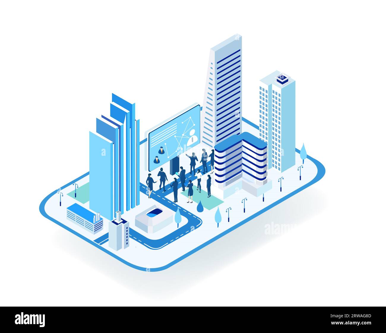 Immobilienmarkt. Geschäftsleute, Architekten, Investoren sprechen über Stadtmodell, Architekturprojekt. Isometrische Darstellung der Eigenschaftsstrategie Stockfoto