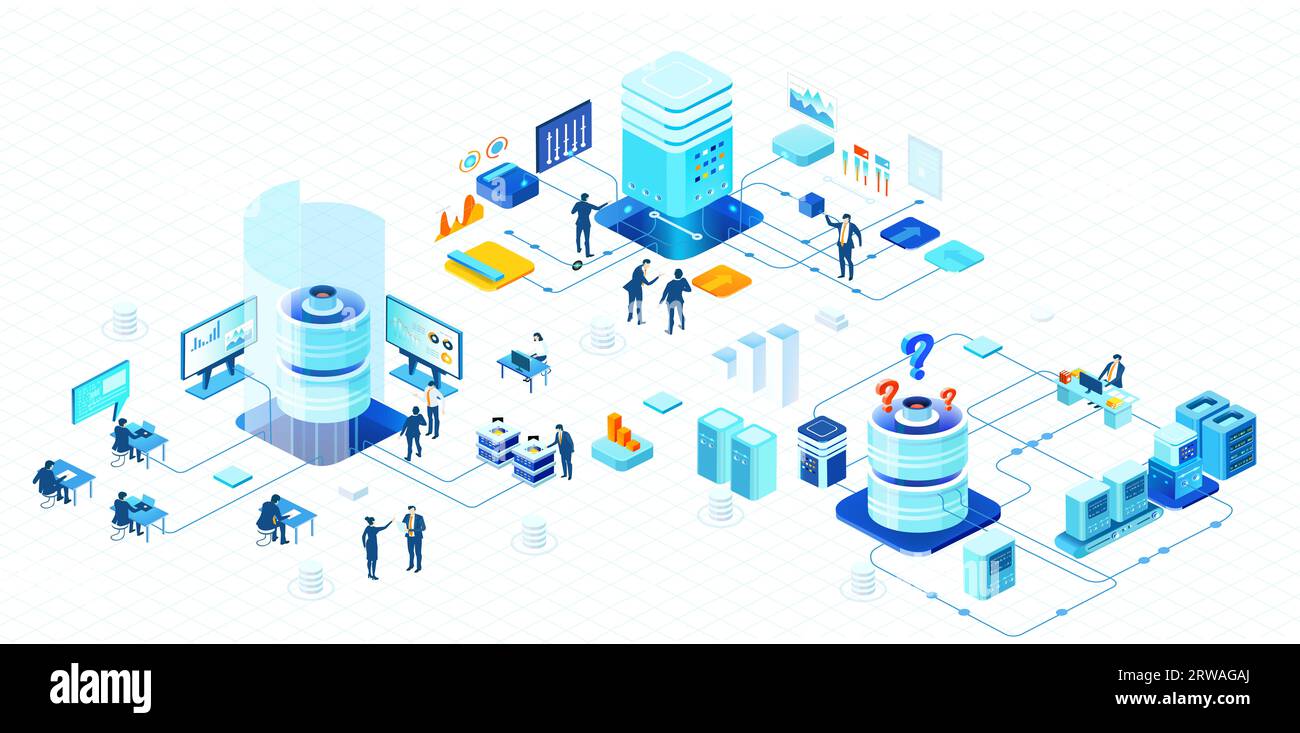 Isometrische Geschäftsumgebung. Serverraum, Geschäftsleute arbeiten zusammen, generieren neue Inhalte und teilen Ideen Stockfoto