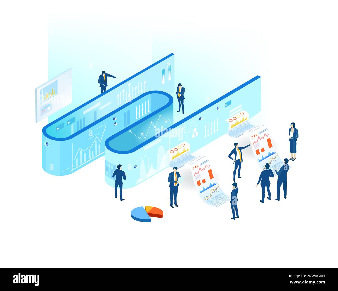 Isometrische Geschäftsumgebung. Serverraum, Geschäftsleute arbeiten zusammen, generieren neue Inhalte und teilen Ideen Stockfoto