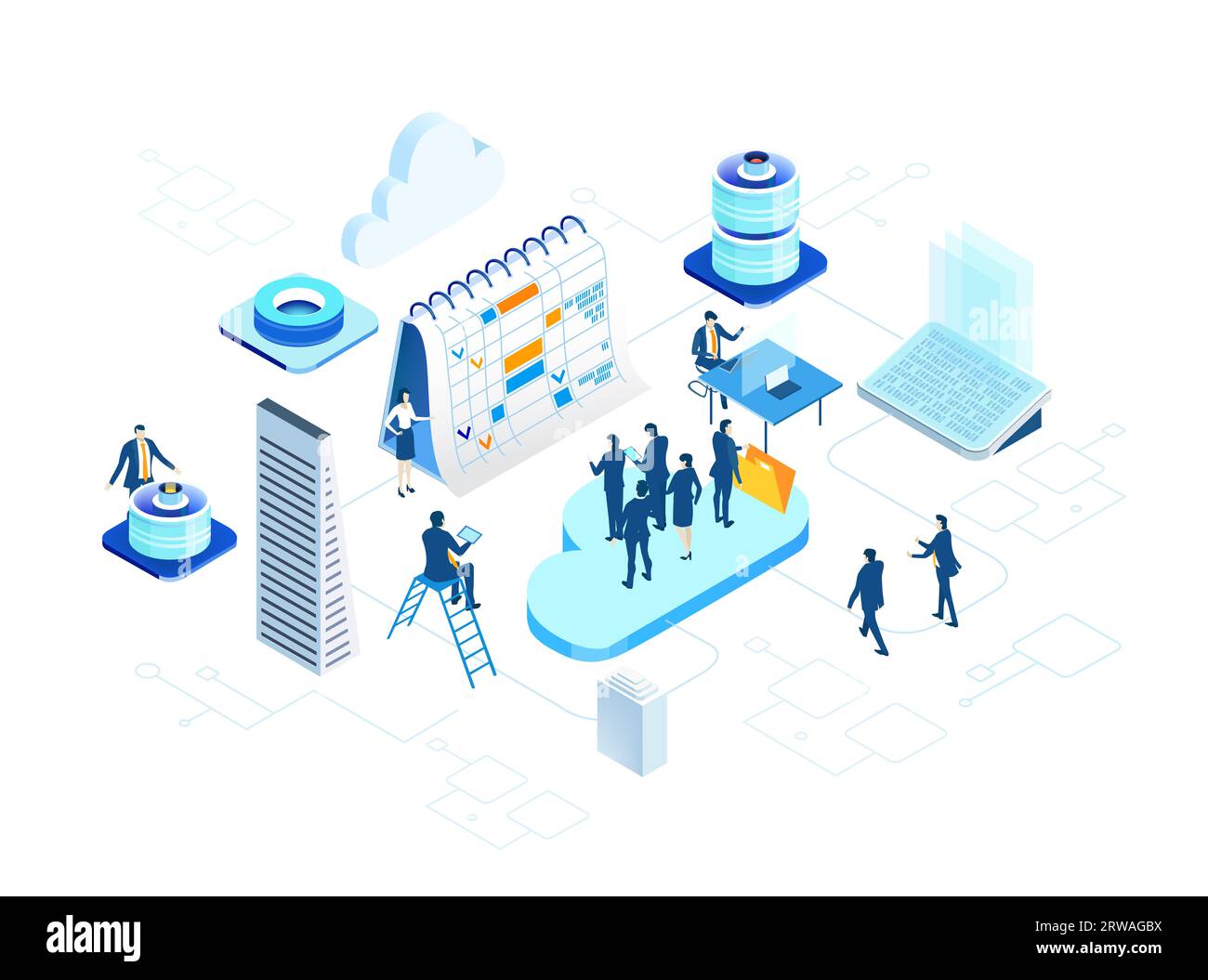 Isometrische Geschäftsumgebung. Serverraum, Geschäftsleute arbeiten zusammen, generieren neue Inhalte und teilen Ideen Stockfoto