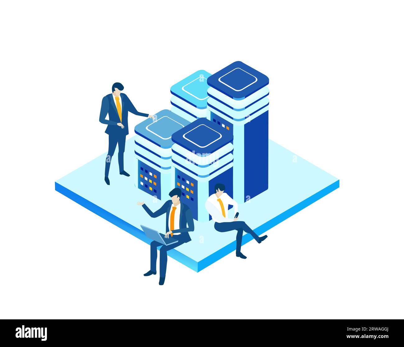 Isometrische Geschäftsumgebung. Serverraum, Geschäftsleute arbeiten zusammen, generieren neue Inhalte und teilen Ideen Stockfoto