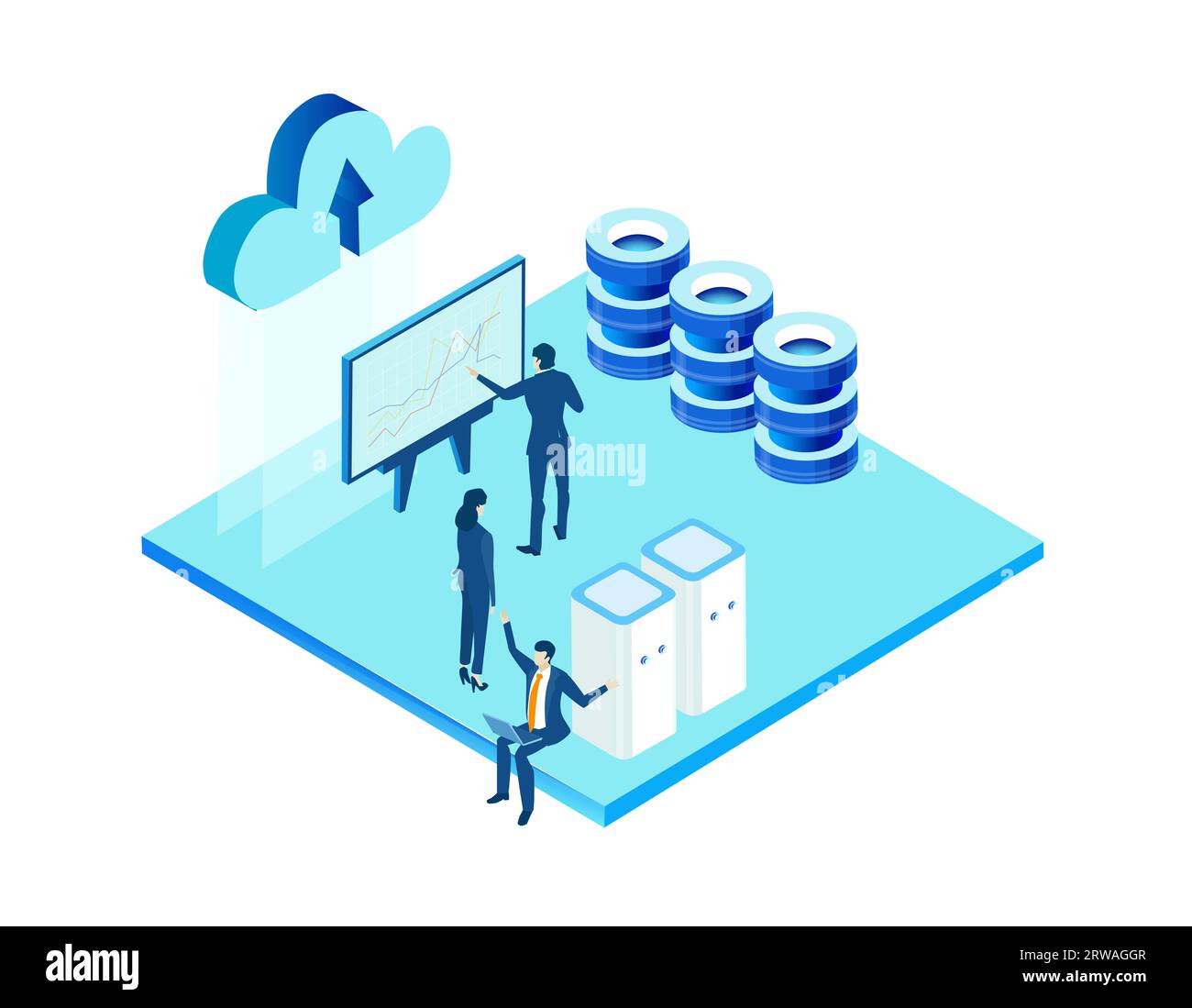 Isometrische Geschäftsumgebung. Serverraum, Geschäftsleute arbeiten zusammen, generieren neue Inhalte und teilen Ideen Stockfoto