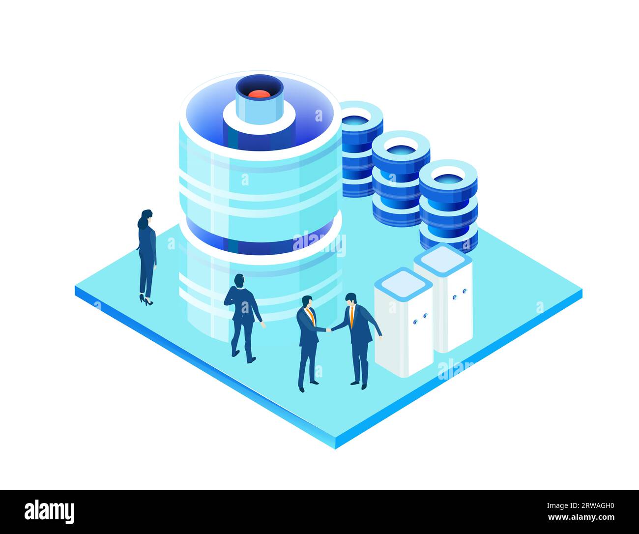 Isometrische Geschäftsumgebung. Serverraum, Geschäftsleute arbeiten zusammen, generieren neue Inhalte und teilen Ideen Stockfoto