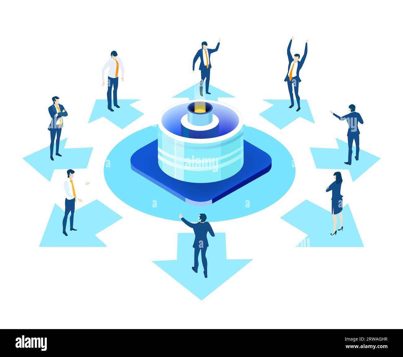 Isometrische Geschäftsumgebung. Serverraum, Geschäftsleute arbeiten zusammen, generieren neue Inhalte und teilen Ideen Stockfoto